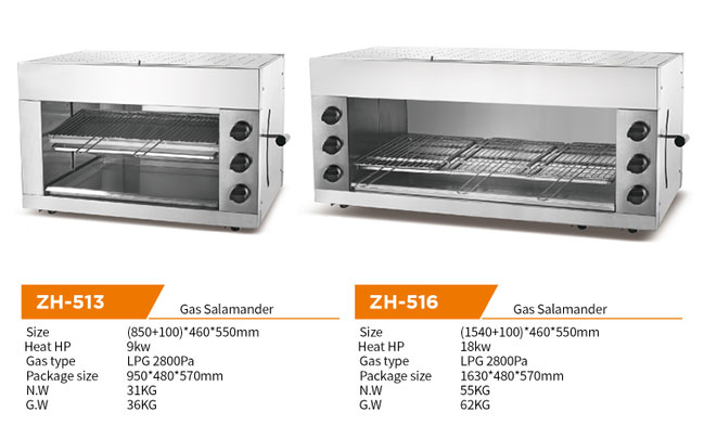 9KWコマーシャル2の棚はホテルのためのサンショウウオ3/6バーナーのステンレス鋼肉グリル機械にガスを供給する
